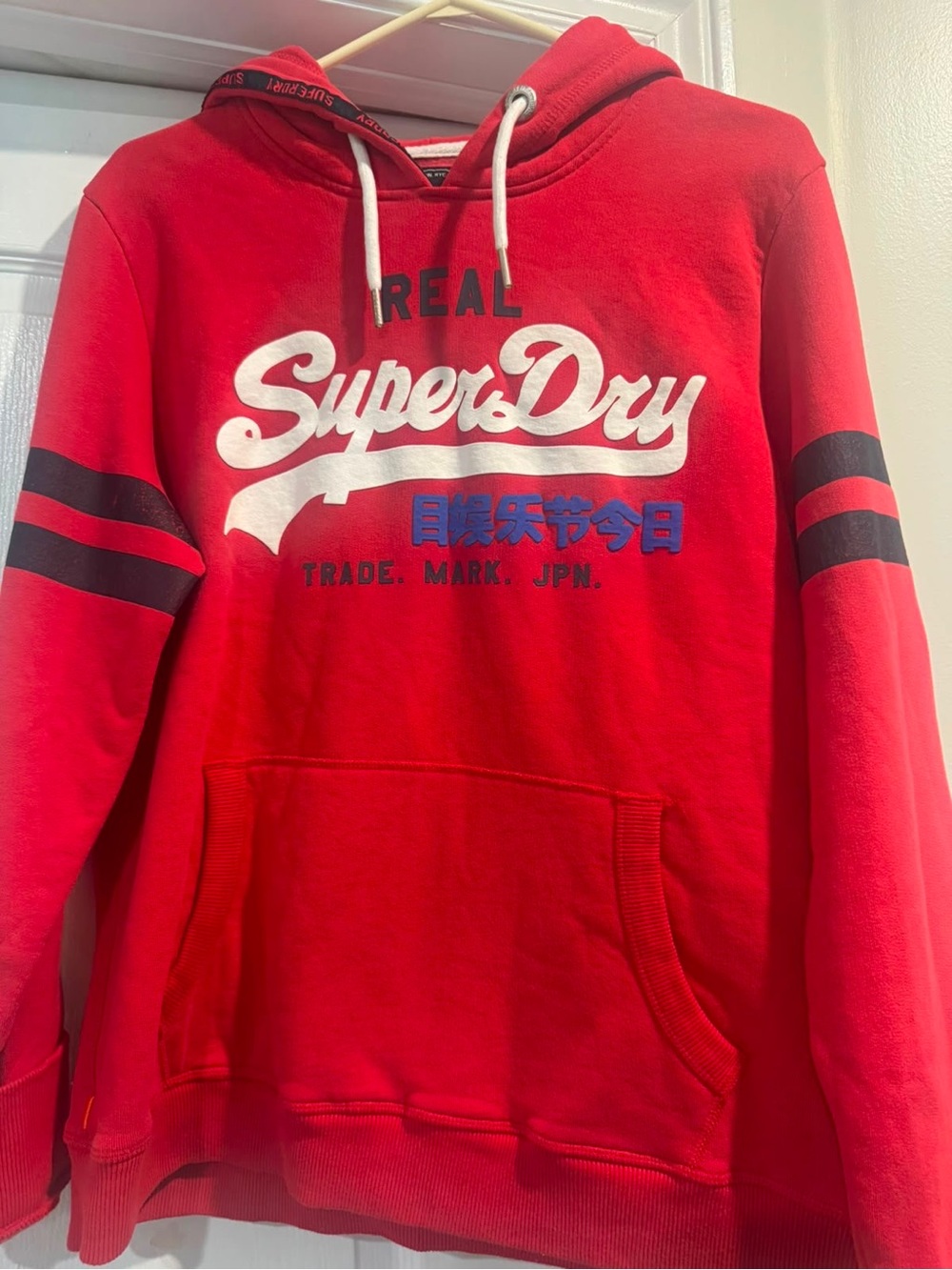 Superdry Red Pullover Hoodie with White Logo and Black Sleeve Stripes